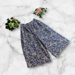 ガウチョパンツ　ロング丈　ウエストゴム　L ブルー　花柄