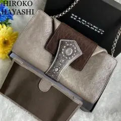 極稀品✨ヒロコハヤシ✨チェーンウォレット 特殊プリント シルバー×ブラウン 革