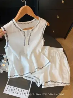 気質満点 シンプル 刺繍 セットアップ上下 袖なし チョッキ ショートパンツ