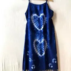 キャミソール　ワンピース　ハート　花柄　藍染　フリンジ