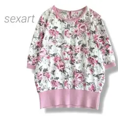 【sexartクルーネック花柄５分袖カットソー M相当 綿麻混 ピンク ホワイト