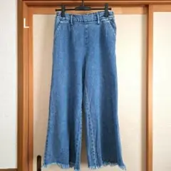 デニム ワイドパンツ 裾フリンジ ライトブルー L