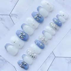 2348.（全サイズ現品販売）ブルーフレンチ♡リボンネイルチップ