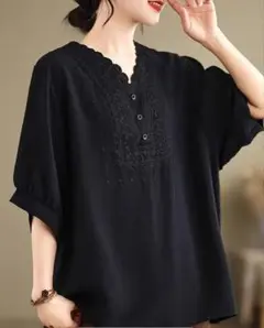 刺繍入りブラウス ブラック ゆったり Vネック XXL