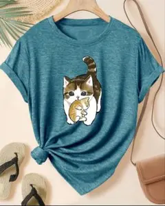 猫と子猫プリント Tシャツ Ｌビコックブルー