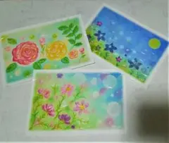 秋の花３種の絵葉書 バラ・キキョウ・コスモス パステルアートのポストカード