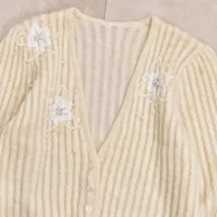 80〜90s パールu0026フラワー デコレーション リブニット カーディガン 古着