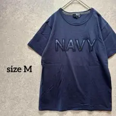NAVY TシャツM 紺 半袖 ロゴ パッチワーク シンプルカジュアル
