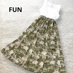 ファン FUN 花柄切り替えワンピース ホワイト×カーキ F ノースリーブ