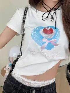 ケーキプリントホワイトTシャツ S/M/L