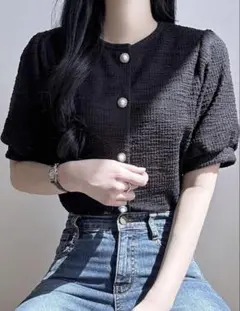 パフスリーブ 半袖トップス パールボタン