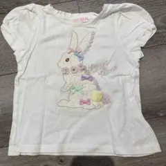メゾピアノ　ウサギ刺繍リボン付きTシャツ 100cm