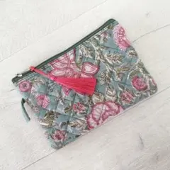 【新品】大人可愛い♡インドコットンブロックプリントフラットポーチ アンティーク