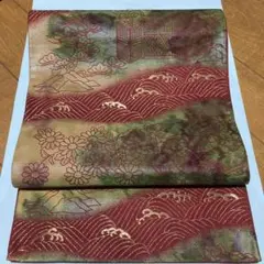 袋帯 赤 金 緑 ベージュ 花 松 波