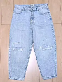 PULL&BEAR バルーン デニム ルーズ アイス ブルー ダメージ バレル