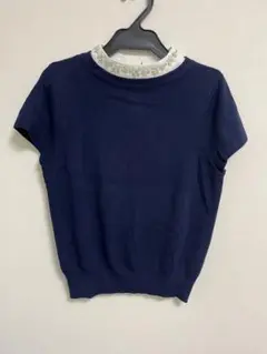 ♡ミッシュマッシュ♡ネイビー 半袖ニット ビーズ付き襟