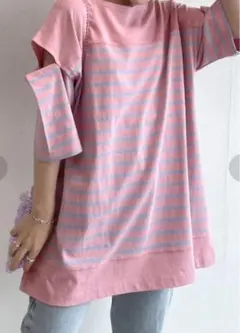 w closet ショルダースリット切替パネルボーダーTシャツ