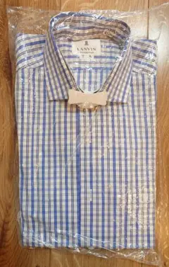 【美品】LANVIN メンズ ワイシャツ 長袖 Lサイズ相当 青チェック