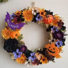 フラワーリース　秋色コスモスと黒薔薇　ハロウィン