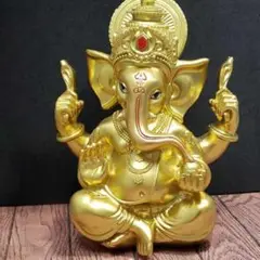 祈願！インド・ヒンドゥーの神様、ガネーシャ神の黄金置物 夢をかなえるゾウ