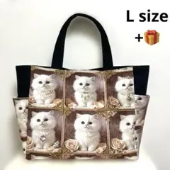 猫柄プリント・サイドポケット付きトートバック•ハンドメイド