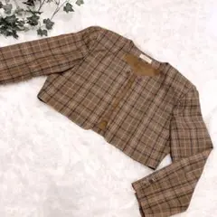 メイクレット MAKELET ブラウン チェック クロップドジャケット