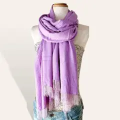 ❤️美品 ラベンダー ビーズフリンジ 薄手 大判ストール マフラー ショール