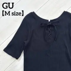 【編み上げリボン】　GU 5分袖　トップス　S リブTシャツ　ブラック　綿