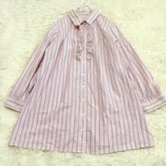 6655 ストライプ柄フリルシャツ 3L ロング丈 大きいサイズ 薄手 ゆったり