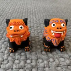 シーサー 置物 オレンジ黒 手作り