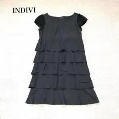 インディヴィ　リネンブレンドフリルワンピース(40)ティアード　キュプラ混　上品