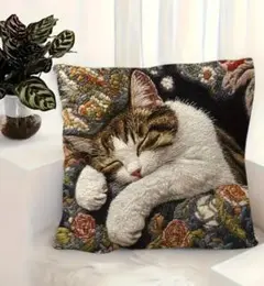 刺繍風　クッションカバー　キジシロ　猫　ネコ　ねこ　45×45cm　インテリア