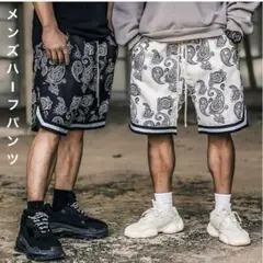 ヒップホップ系　ハーフパンツ　メンズ　XL ペイズリー　ブラック　ショートパンツ
