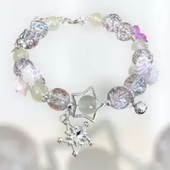 ブレスレット ハンドメイド ピンク クリア バラ 蝶々 シルバー フリーサイズ