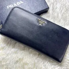 【極美品】PRADA長財布 ラウンドファスナー サフィアーノ ロゴ ブラック