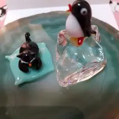 座布団猫と氷ペンギンのガラス細工セット