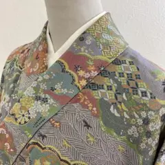 【和】9976z 着物 小紋 雲取り 七宝 亀甲 青海波文様