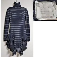 サカイ sacai 異素材フリル ボーダー柄ニット タートルネック変形ワンピース