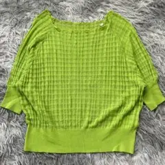 美品✨【HEYUMM】チェック柄 五分袖サマーニット 明るいグリーン F