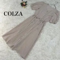 【コルザ】半袖シャツワンピース　ベージュ　チェック柄　Vネック　M 美シルエット