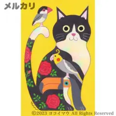 原画「ハチワレ猫と小鳥ブレーメン　イエロー」猫/インコ/イラスト/アート/絵画