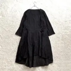 ドーム【F】黒 チュニックワンピ 膝丈 七分袖 フィッシュテール シワ加工