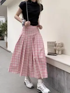 チェック柄ロングスカート 夏にぴったり 女子会デート プリーツが可愛い