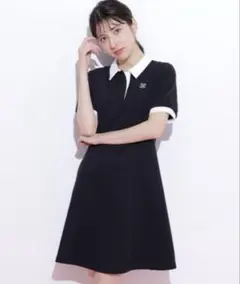 ポロ衿カットソーワンピース　ブラック