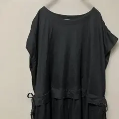 isoLaineワンピース(L)シンプルブラック無地フレンチスリーブボートネック