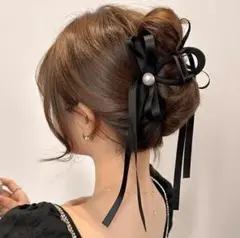 ヘアクリップ リボン パール ロング ヘアアクセ レディース 黒 ドレス 韓国