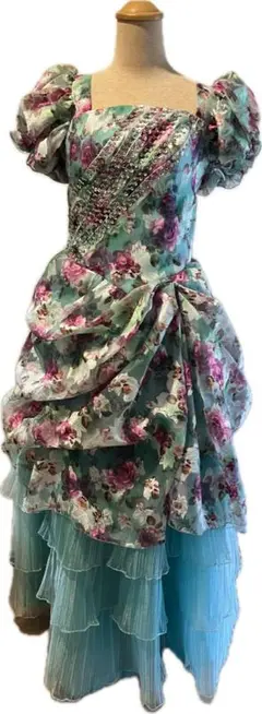 フラワープリント ロングドレス　薔薇模様