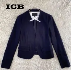 【美品】ICB ノーカラージャケット キーネック ネイビー オンワード樫山　M