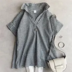 美品▲アーバンリサーチ ドアーズ//チェック柄スキッパーフレアシャツ　リネン混