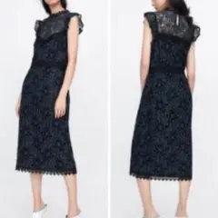 【完売品】ZARA コントラストギピュール総レースワンピース XS 宇垣美里